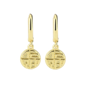 Detailed view of vintage gold earrings with textured round pendants and Fu character design