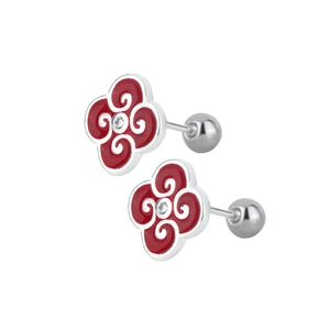 Macro detail of red enamel cloud studs with silver screw-back and center zircon