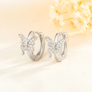Butterfly Hoop Earrings Dainty Cubic Zirconia Inlaid Huggies Elegant Korean Jewelry For Women