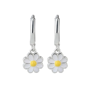 Fresh daisy flower charm huggie hoop earrings with white enamel petals and yellow center
