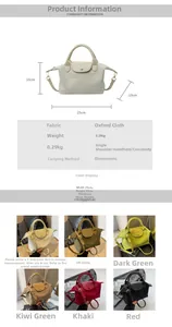 Detail view of Oxford cloth handbag showing dimensions and six different color options
