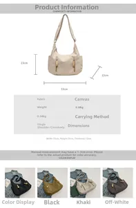 Detailed size chart for the large canvas crossbody bag with four available color options