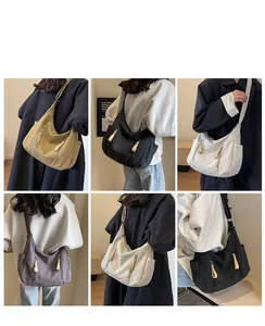 Multi-angle view of large capacity canvas crossbody bag showing various colors on models