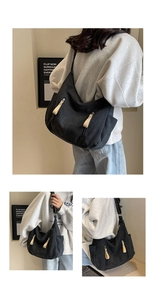 Three-way view of a large black canvas crossbody bag with tan leather zipper pulls