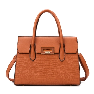 Classic orange-brown crocodile embossed tote bag with gold metal buckle and dual handles