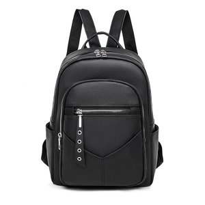 Black pebble grain PU leather backpack for women with silver zippers and large capacity