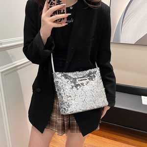 Sac à bandoulière élégant à paillettes argentées pour femmes avec étiquette Fashion