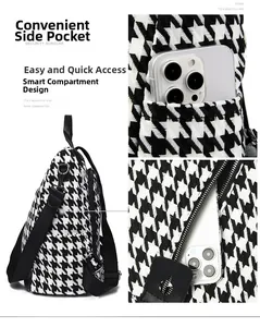 Detailed view of houndstooth backpack showing side pockets and large internal storage space