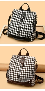 Detailed comparison of houndstooth backpacks in black and brown with leather accents