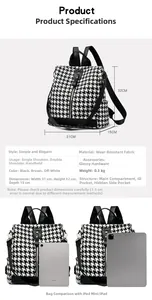 Detailed size chart of houndstooth backpack measuring 31x32x15cm with multi-pocket layout
