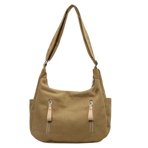 Large khaki canvas crossbody hobo bag with vintage texture and double front zippers