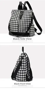 Detailed views of black and white houndstooth backpack with vertical zippers and straps