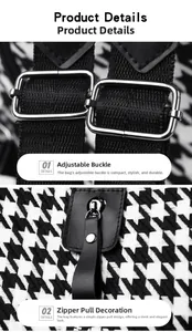 Macro view of houndstooth backpack with metal adjustment ring and black leather zipper pull