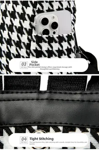 Detail of houndstooth backpack side pocket with phone and precise stitching craftsmanship