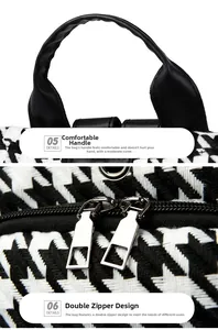 Detail of houndstooth backpack showing black leather handle and dual metal zippers
