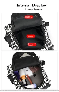 Internal display of houndstooth backpack showing main pocket and side compartments