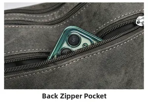 Detail of back zipper pocket on gray messenger bag with smartphone for size reference