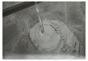 Detailed macro view showing the waterproof dark grey fabric texture with water droplets