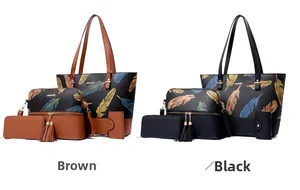 Detail of four-piece set tote bags with feather print and dual tassel crossbody bag