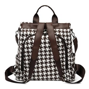 Houndstooth pattern backpack for women with brown leather details and anti-theft back pocket