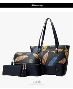 Detailed four-piece black tote bag set with vibrant feather prints and tassel accents