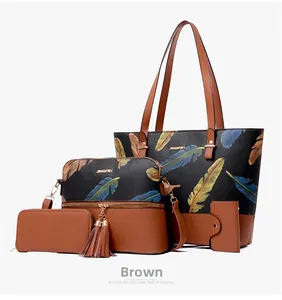 Detailed 4pcs set including brown tote bag with colorful feather prints and gold hardware