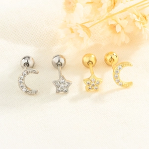 Star Moon Asymmetric Stud Earrings With 925 Sterling Silver Earring Post Micro Inlaid Zircon Screw Back Ball Nut Jewelry