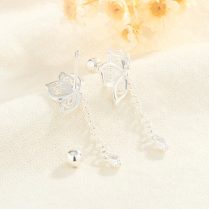 Détail de boucles d'oreilles papillon argentées avec pompons et fermoirs à vis