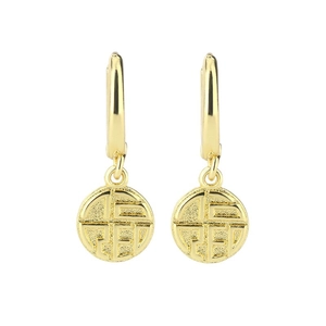 Golden Fu character drop earrings with vintage Chinese style and matte finish texture
