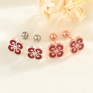 Chinese Style Auspicious Cloud Flower Stud Earrings Red Enamel Copper With Zircon Screw Back Ball For Women Elegant