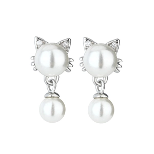 Detail of cat-shaped pearl earrings with silver cat ears and shimmering rhinestones