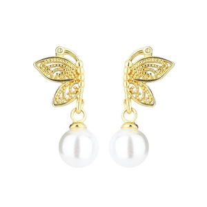 Elegant gold butterfly pearl earrings with hollow metal craft on a clean white background