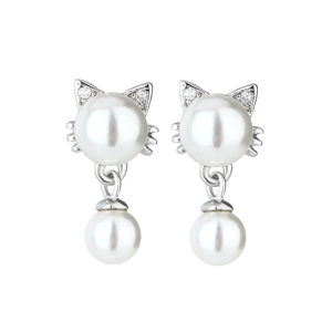 Sweet cat-shaped freshwater pearl earrings with sparkling studs on a clean white background