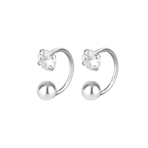 Elegant C-shaped silver stud earrings featuring a round zircon and polished metallic bead