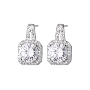 Close-up of square silver stud earrings with V-shape micro-pave cubic zirconia accents