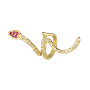 Detailed view of a gold-plated snake ear cuff with red and white cubic zirconia stones