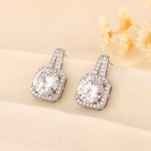 Geometric Square Halo Studs Copper Zirconia Luxury Elegant Jewelry With 925 Sterling Silver Earring Post For Women