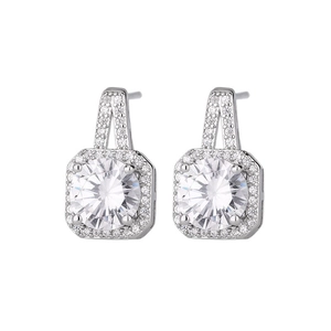 Elegant silver halo stud earrings featuring round clear stones and pavé accents