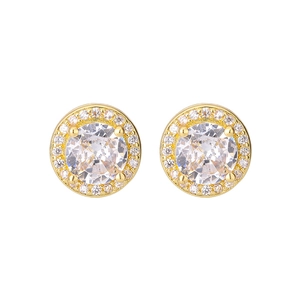 Detailed view of gold halo stud earrings featuring round zirconia in a four-prong setting