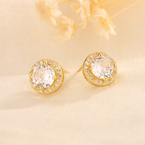 French style halo stud earrings with round cubic zirconia and gold plated finish