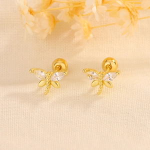 Exquisite golden dragonfly stud earrings with sparkling marquise cut zircon stones