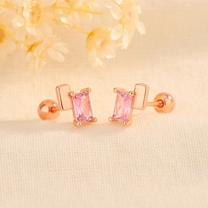 Rose gold geometric stud earrings with pink zirconia and secure S925 screw ball backs