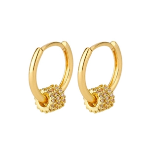 Minimalist gold hoop earrings with sparkling zircon geometric cylinders on white background