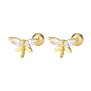 Gold dragonfly stud earrings with clear zircon stones on a white background
