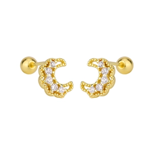 Detailed view of gold-plated crescent moon cartilage studs with inlaid clear zircon stones