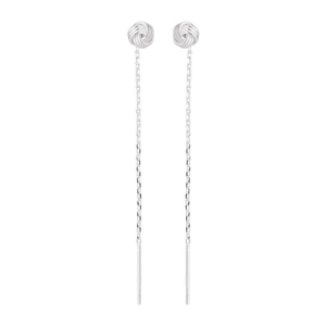Silver long tassel knot earrings with minimalist chain and sleek metallic finish