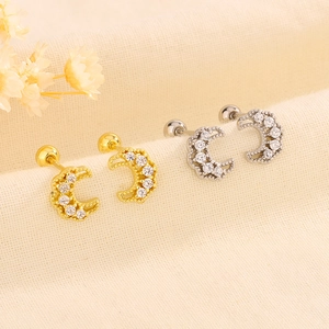 Copper Moon Cartilage Stud Earrings With Cubic Zirconia Scalloped Lace Edge Screw Ball Back Minimalist Jewelry For Women