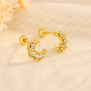 French style gold moon screw back earrings with sparkling inlaid zircon stones