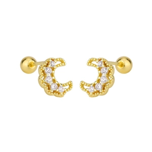 French lace moon stud earrings in gold finish with white zircon inlay and screw ball backs