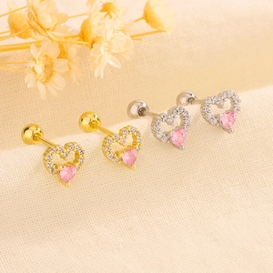 Herz Ohrstecker Kupfer Rosa Zirkonia Mikrogefasst Weißer Zirkon Schraubverschluss Piercing Schmuck Für Frauen